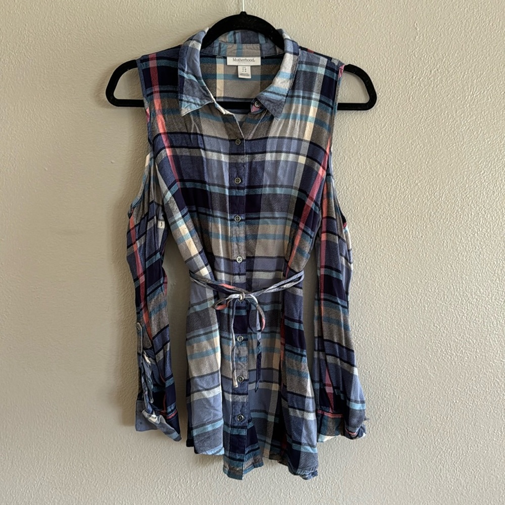 Motherhood Maternity Cold Shoulder Long Sleeve Plaid Shirt